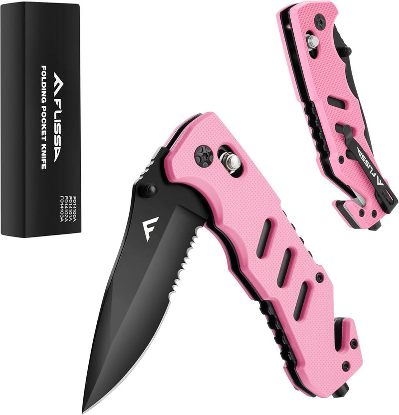 FLISSA Folding Pocket Knife with Clip, Glass Breaker and Seatbelt Cutter, Survival Knife for Emergency Rescue Situations, EDC Knife for Tactical, Hunting, Camping, Outdoor, Unique Gifts for Dad, Father-Pink - Image 1